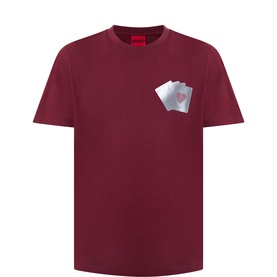 Hugo burgundy cotton T-shirt with playing card graphic print on left chest, crew neck and short sleeves