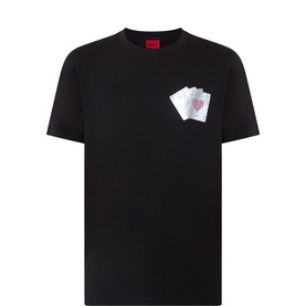 Hugo black cotton T-shirt with playing cards graphic print on left chest, crew neck, short sleeves