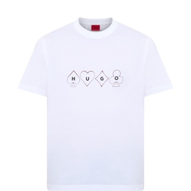 Hugo white cotton T-shirt with playing card suit graphic spelling HUGO on chest, crew neck, short sleeves