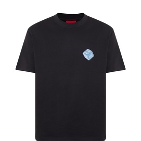 Hugo black cotton T-shirt with small blue graphic chest print, crew neck and short sleeves, laid flat on white background.