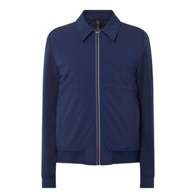 Paul Smith navy casual jacket with point collar, multicolour zip detail, ribbed cuffs and hem, flat lay view.