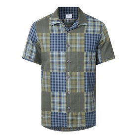 Paul Smith Patchwork Check Shirt in green and navy, camp collar, short sleeves, patchwork plaid panels, front button fastening