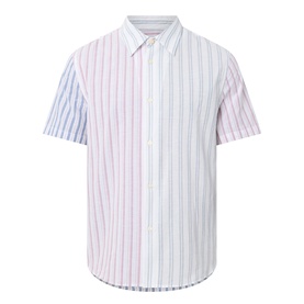 Paul Smith Casual Shirt in white stripes, short-sleeve button-down with multicolour vertical stripe panel design, cotton-linen blend