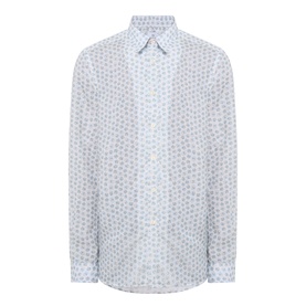 Paul Smith white casual shirt with all-over floral dot print, classic collar and long sleeves, laid flat