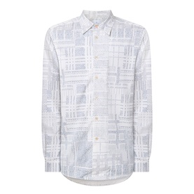 Paul Smith white casual shirt with blue abstract check print, long sleeves, point collar and button placket