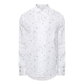 Paul Smith Casual Abstract Print Shirt in white cotton, point collar, long sleeves, front button fastening, multicolour abstract print, curved hem.