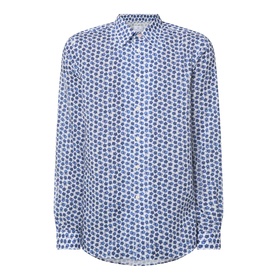 Paul Smith blue casual shirt with all-over circular dot print, long sleeves, and button-front placket with grandad collar