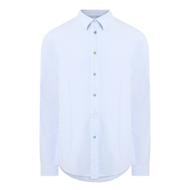 Paul Smith blue cotton casual shirt with point collar, gold and silver mixed buttons, and curved hem