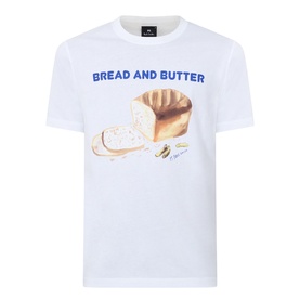 Paul Smith Bread & Butter Logo T-Shirt in white, featuring bread and butter graphic print and blue slogan, crew neck, short sleeves
