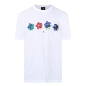 Paul Smith white crew neck T-shirt with multicolour floral graphic print on chest, 100% cotton
