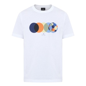 Paul Smith Football Graphic Logo T-Shirt in white, featuring overlapping circle football graphic print, crew neck, short sleeves