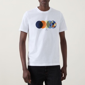 Model wearing Paul Smith Football Graphic Logo T-Shirt in white, featuring overlapping circle football print graphic on chest, crew neck, short