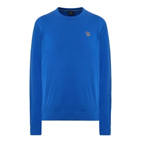 Paul Smith Zebra Badge Logo Sweater in blue, crew neck cotton knit with ribbed trims and embroidered zebra badge detail