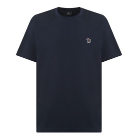 Paul Smith blue crew neck T-shirt with embroidered zebra logo on chest, 100% cotton, plain product shot.