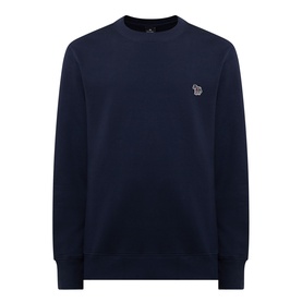 Paul Smith blue crew neck sweatshirt with embroidered zebra logo patch on chest, ribbed cuffs and hem