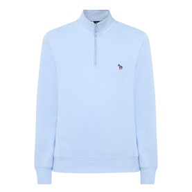 Paul Smith Zebra Logo Half-Zip Sweatshirt in blue with funnel neck, embroidered zebra patch, ribbed cuffs and hem