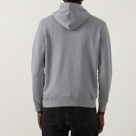 Model wearing Paul Smith Zebra Logo Drawstring Hoodie in grey, rear view, shown with black jeans
