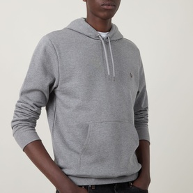 Model wearing Paul Smith Zebra Logo Drawstring Hoodie in grey marl, with pouch pocket and drawstring hood visible.