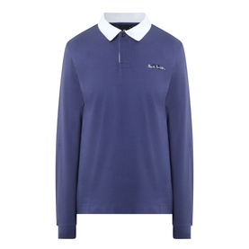 Paul Smith blue cotton long-sleeve polo shirt with white collar and quarter-zip placket, signature script logo at chest