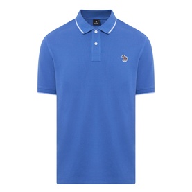 Paul Smith blue cotton polo shirt with white tipped collar and cuffs, featuring signature zebra logo embroidery on chest