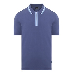 Paul Smith blue cotton polo shirt with light blue tipped collar and contrast zip placket, short sleeves