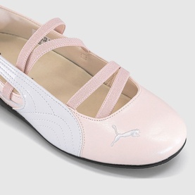 Puma ballet flat in Jasmine Flower pink and white patent, featuring silver logo and elasticated cross-strap detail, black sole.
