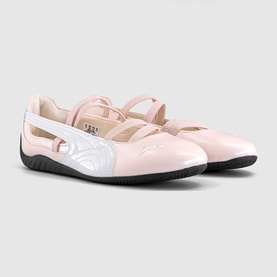 Puma ballet flat in Jasmine Flower pink, patent finish with silver overlay detail, double mary jane straps and black sole