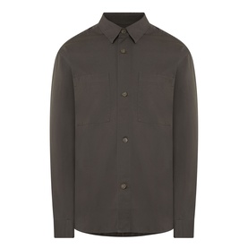 Calvin Klein Garment Wash Twill Shirt in Beluga, dark olive cotton-linen blend, point collar, front button placket, long sleeves, curved hem