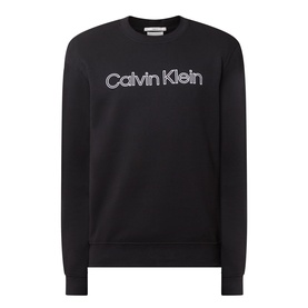 Calvin Klein black cotton crew neck sweatshirt with embroidered logo lettering in white and grey outline detail