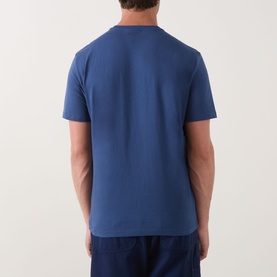 Model wearing Calvin Klein Micro Logo T-Shirt in Dark Denim, rear view showing crew neck, short sleeves and straight hem.