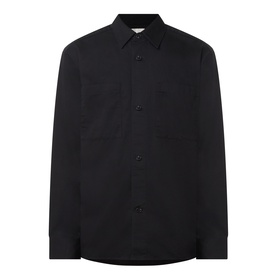 Black long-sleeve button-up shirt with point collar and chest pocket, plain weave fabric, relaxed fit