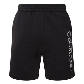Calvin Klein black cotton sweat shorts with white logo print on left leg, elasticated waistband