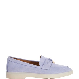 Dune Grinning Suede Loafers in blue with gold metal trim, round toe, and cream rubber sole