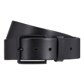 Black leather belt with matte black rectangular buckle, smooth finish and branded keeper loop
