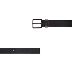 Black leather belt with matte gunmetal square buckle and red contrast stitching detail, shown flat against white background.