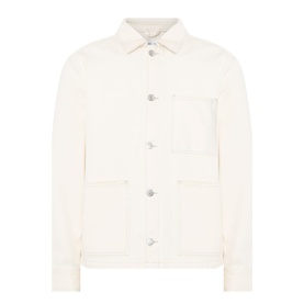 Samsoe & Samsoe Chore Denim Jacket in Soft Natural with pointed collar, four patch pockets, and silver-tone buttons