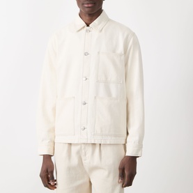 Model wearing Samsoe & Samsoe Chore Denim Jacket in Soft Natural, featuring pointed collar, patch pockets and silver buttons, styled with matching