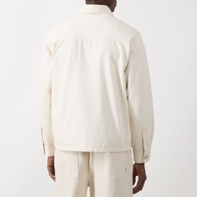 Model wearing Samsoe & Samsoe Chore Denim Jacket in Soft Natural, rear view, styled with matching trousers