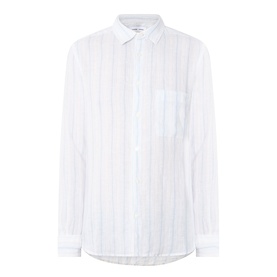 Samsoe & Samsoe Ryan Striped Shirt in Clear Blue St., 100% linen, regular collar, chest pocket, long sleeves, curved hem