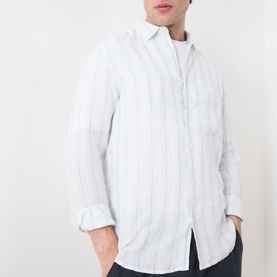 Model wearing Samsoe & Samsoe Ryan Striped Shirt in Clear Blue St., long sleeves with single cuffs, regular collar, button fastening, styled with