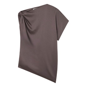 Reiss purple asymmetric draped top with one-shoulder neckline and short cap sleeve, in a fluid satin-finish fabric