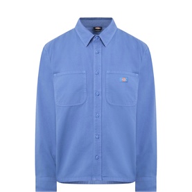 Dickies 247 Logo Garment-Dyed Overshirt in Dutch Blue, long sleeves, pointed collar, chest pockets, button fastenings, logo patch detail