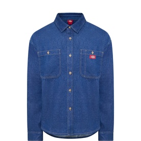 Dickies Dark Wash denim casual shirt with two chest pockets, gold-tone buttons, and red logo badge