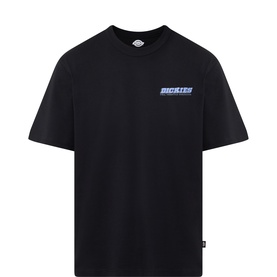 Dickies black crew neck T-shirt with blue logo graphic on chest, short sleeves, relaxed fit, 100% cotton
