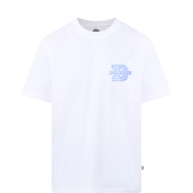 Dickies white crew neck T-shirt with blue graphic logo print on chest, short sleeves, 100% cotton