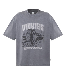 Dickies charcoal cotton crew neck T-shirt with faded vintage car and tyre graphic print and Burnin' Wheels slogan