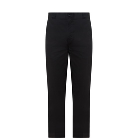 Dickies black cotton trousers with straight leg, belt loops, and front zip fly, laid flat