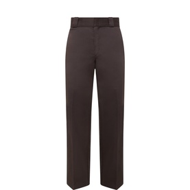 Dickies Dark Brown straight-leg trousers with integrated belt, pressed front crease and zip fly, 65% polyester 35% cotton