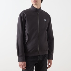 Model wearing Fred Perry Laurel Wreath Harrington Jacket in Anchor Grey with mock neck, zip fastening and embroidered laurel wreath detail