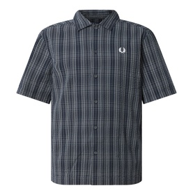 Fred Perry navy check casual shirt in 100% cotton, short sleeves, button-front placket, embroidered laurel wreath logo at chest
